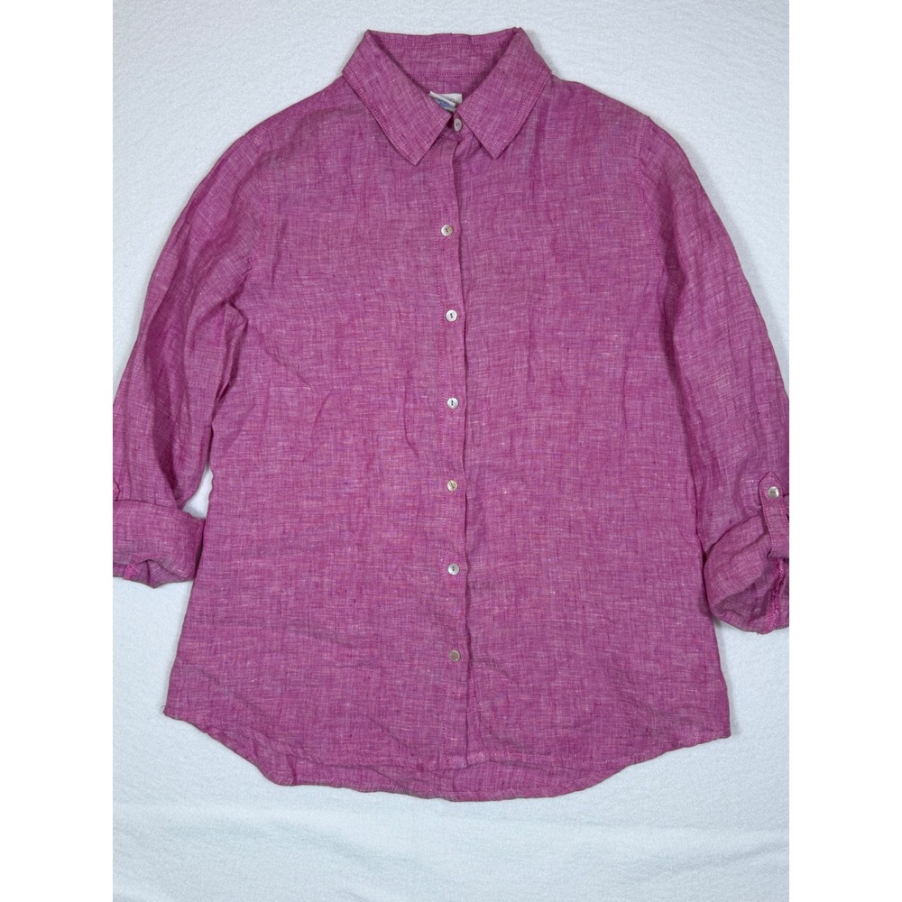 SIGRID OLSEN Pink Linen Button Down Shirt Roll‎ Tab Sleeve Size SM